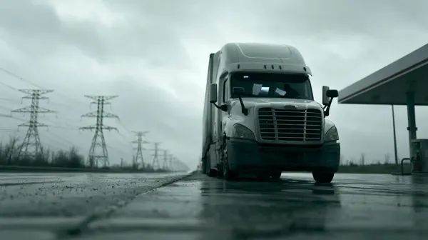 A white day-cab tractor-trailer at a fuel island on an overcast day, with power lines behind it.