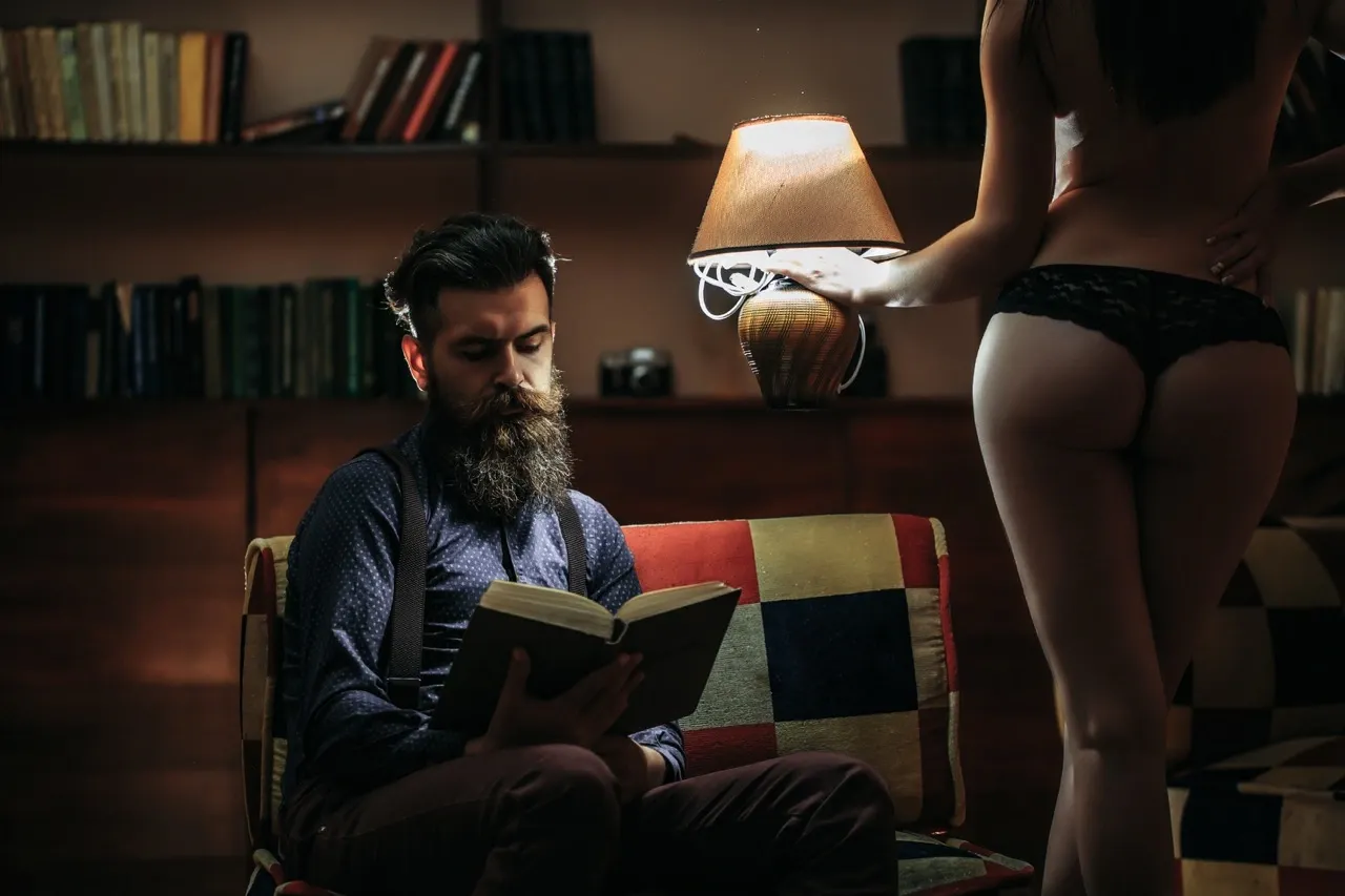 sexy girl in panties teasing husband in library