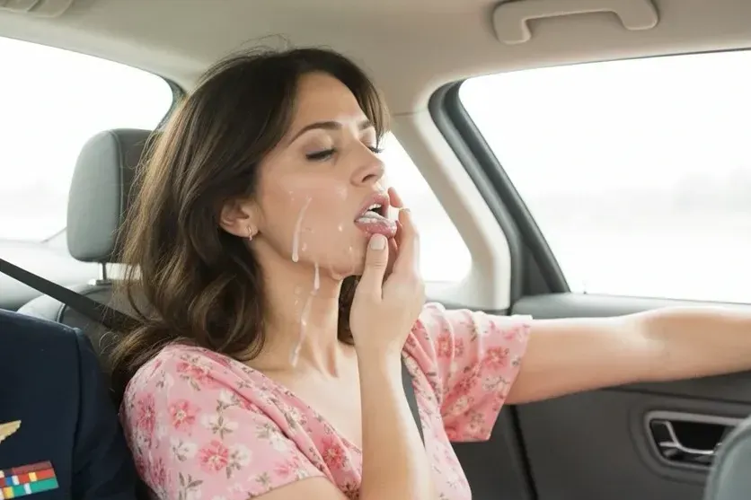 erotic girl with her mouth full of cum after sucking in a car ride