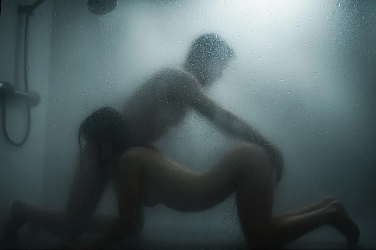 Steamy shower scene with couple silhouette behind frosted glass, hotel bathroom intimacy and passion