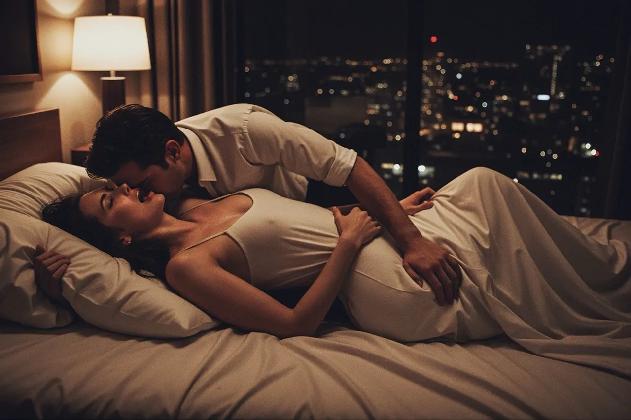 Passionate couple embracing in luxury hotel bed at night with city skyline view, romantic intimate moment between wife and pilot