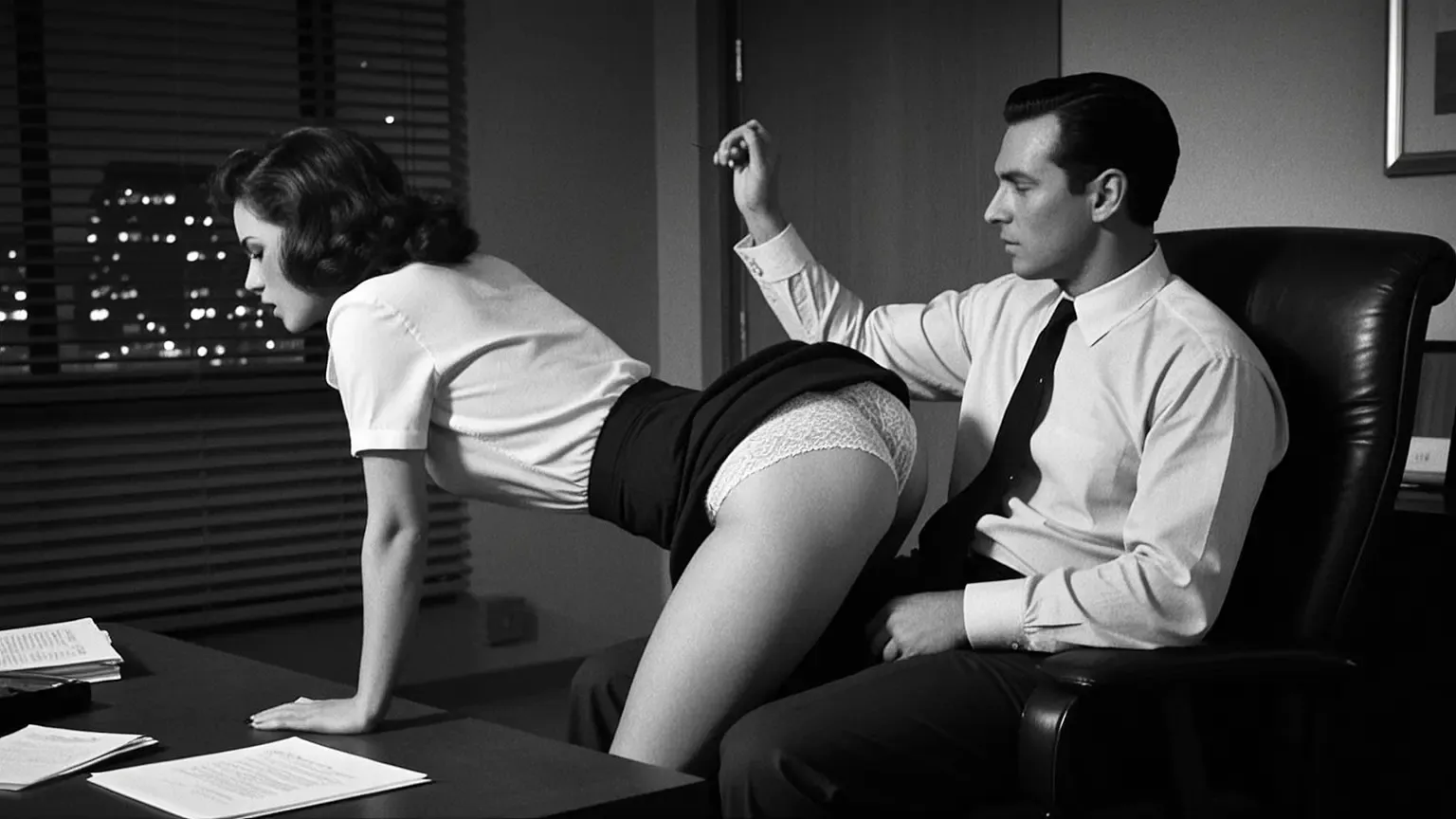 Office spanking fantasy scene black and white - secretary bent over boss desk