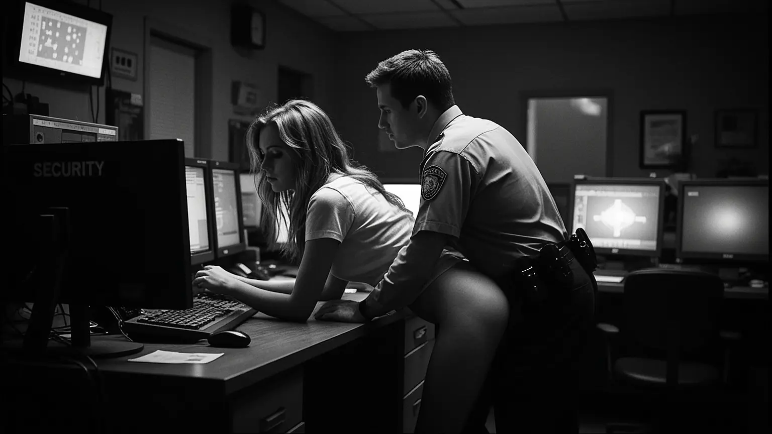 Security guard with woman over his lap, skirt up, bare ass exposed, surveillance room, monitors showing office cameras