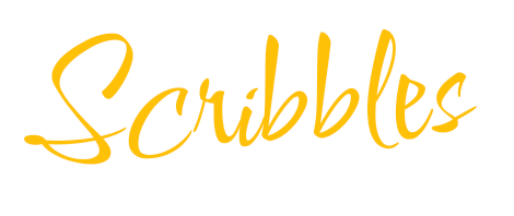 Scribbles logo is the word scribbles in yellow and handwritten style