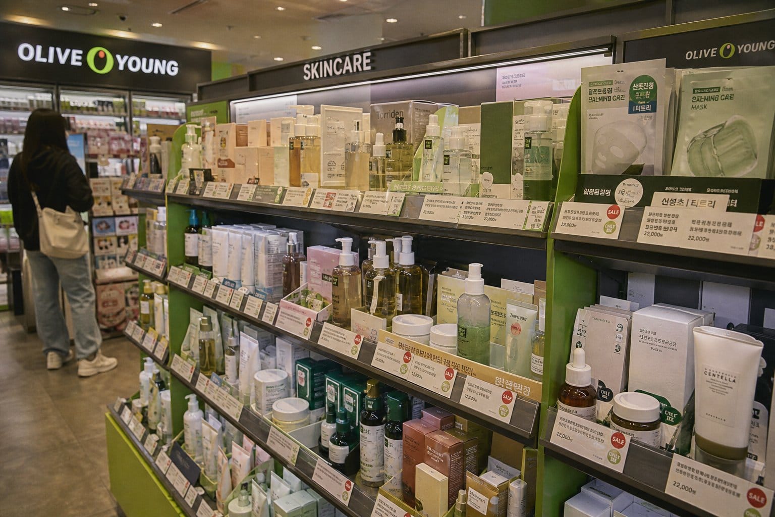 Korean skincare products display shelf