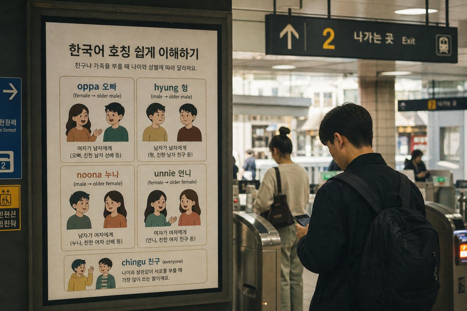 Korean age hierarchy diagram (oppa, unni, hyung, noona)