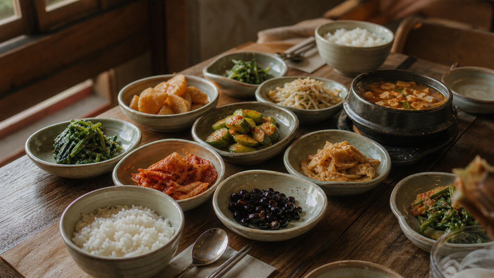 Korean banchan side dishes communal table spread