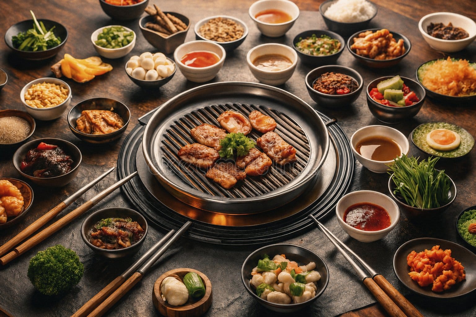 Korean BBQ grill table with banchan