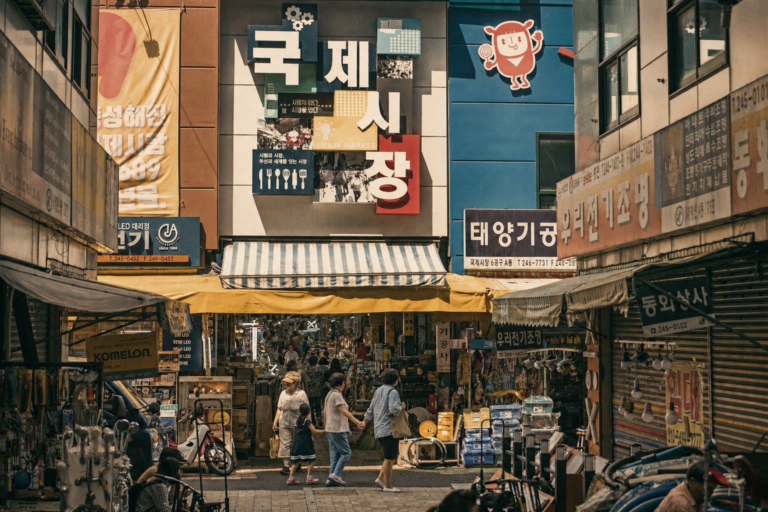 국제시장 (전통시장 - 부산 중구 신창동. 먹자골목, 젊음의 거리, 만물의 거리, 구제 골목, 팥빙수 골목, 화장품 골목 등으로 구성된 대규모 상설시장. 1945년 광복 이후 형성, 한국 근현대 역사의 중심지.)