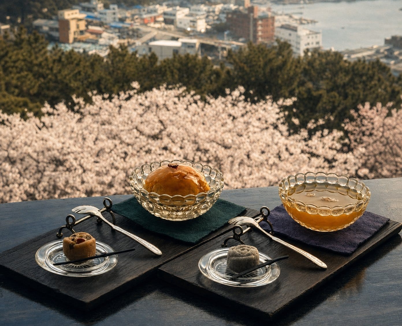 비비비당(以樱花为背景的传统茶点服务(前景),海云台名胜季节感呈现 | 餐饮码室内实景(茶、传统茶馆氛围))