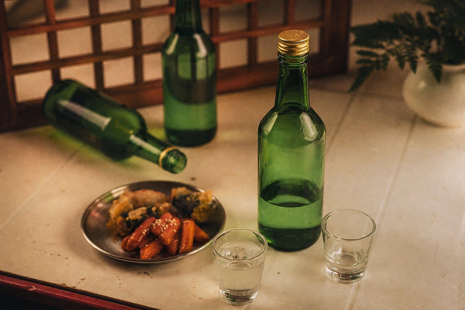 soju bottle and anju dishes on pojangmacha table