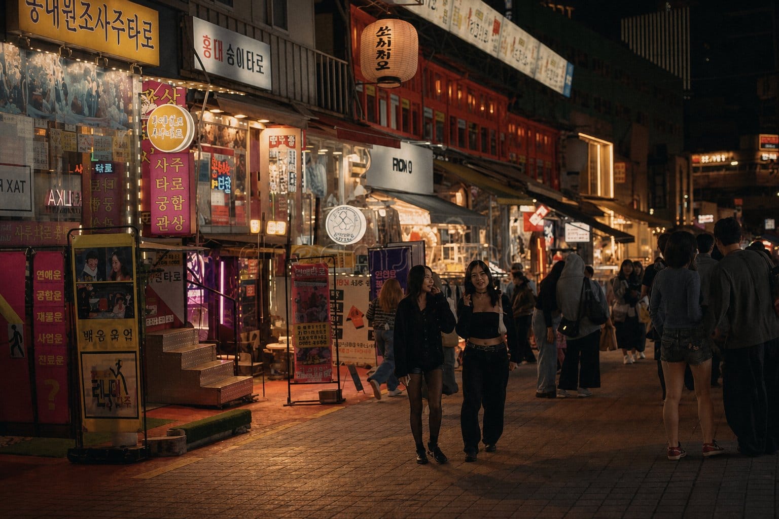 Seoul side street night scene with neon signs