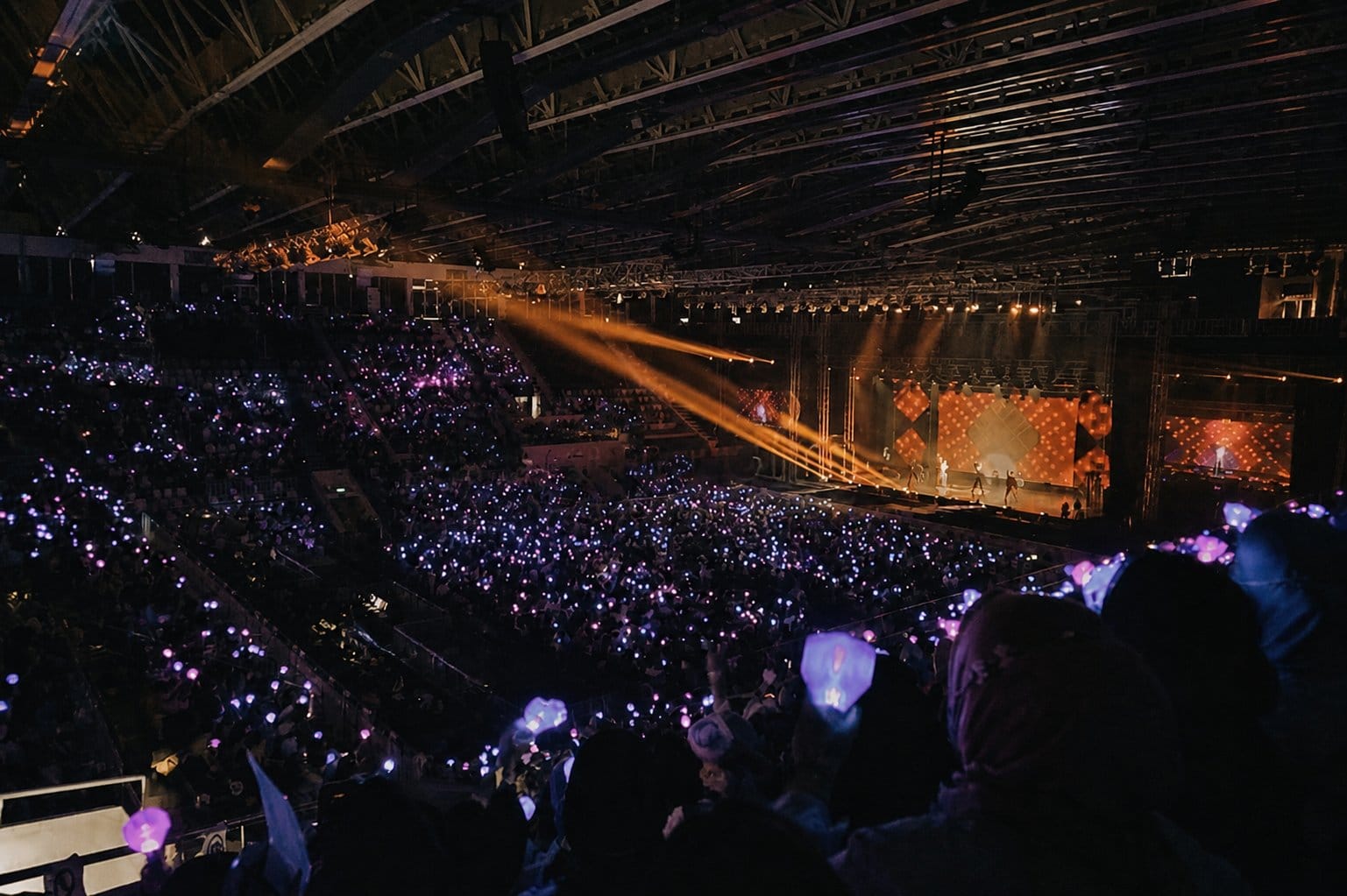 K-pop fans with lightsticks in arena crowd