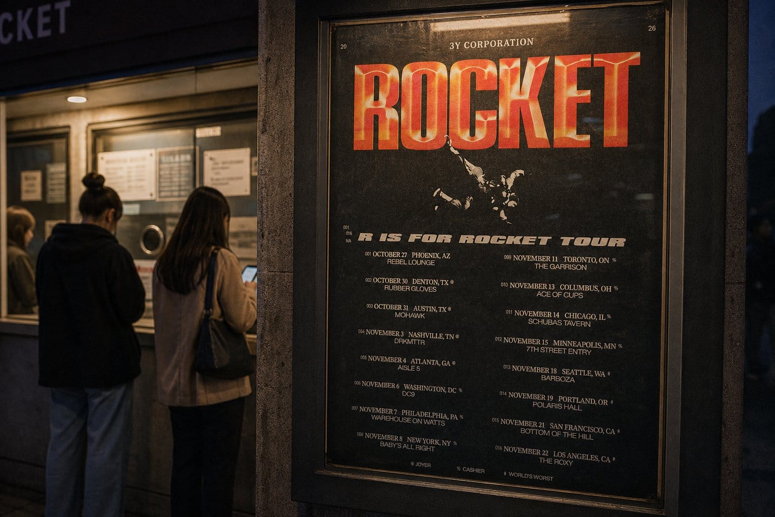 3Y Corporation tour poster with guitar-shaped rocket