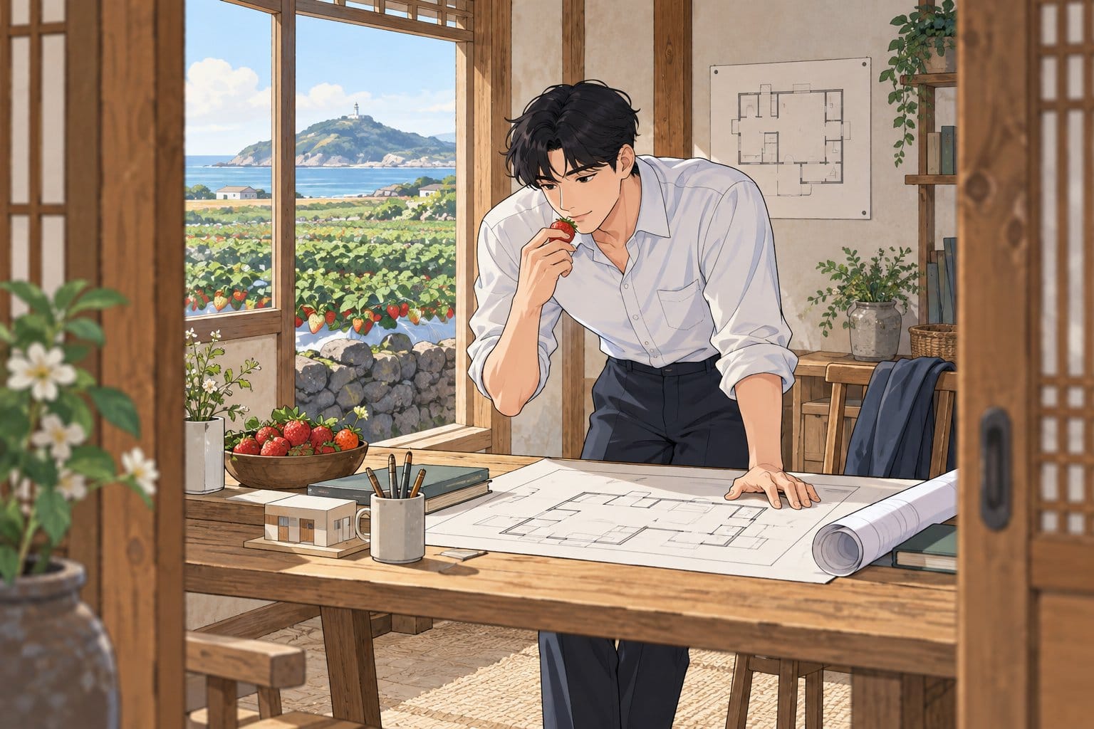 Korean office space planner in tailored shirt