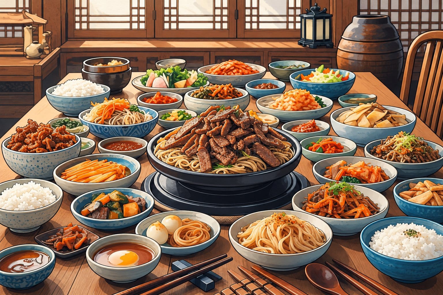 Korean restaurant table with plated dishes