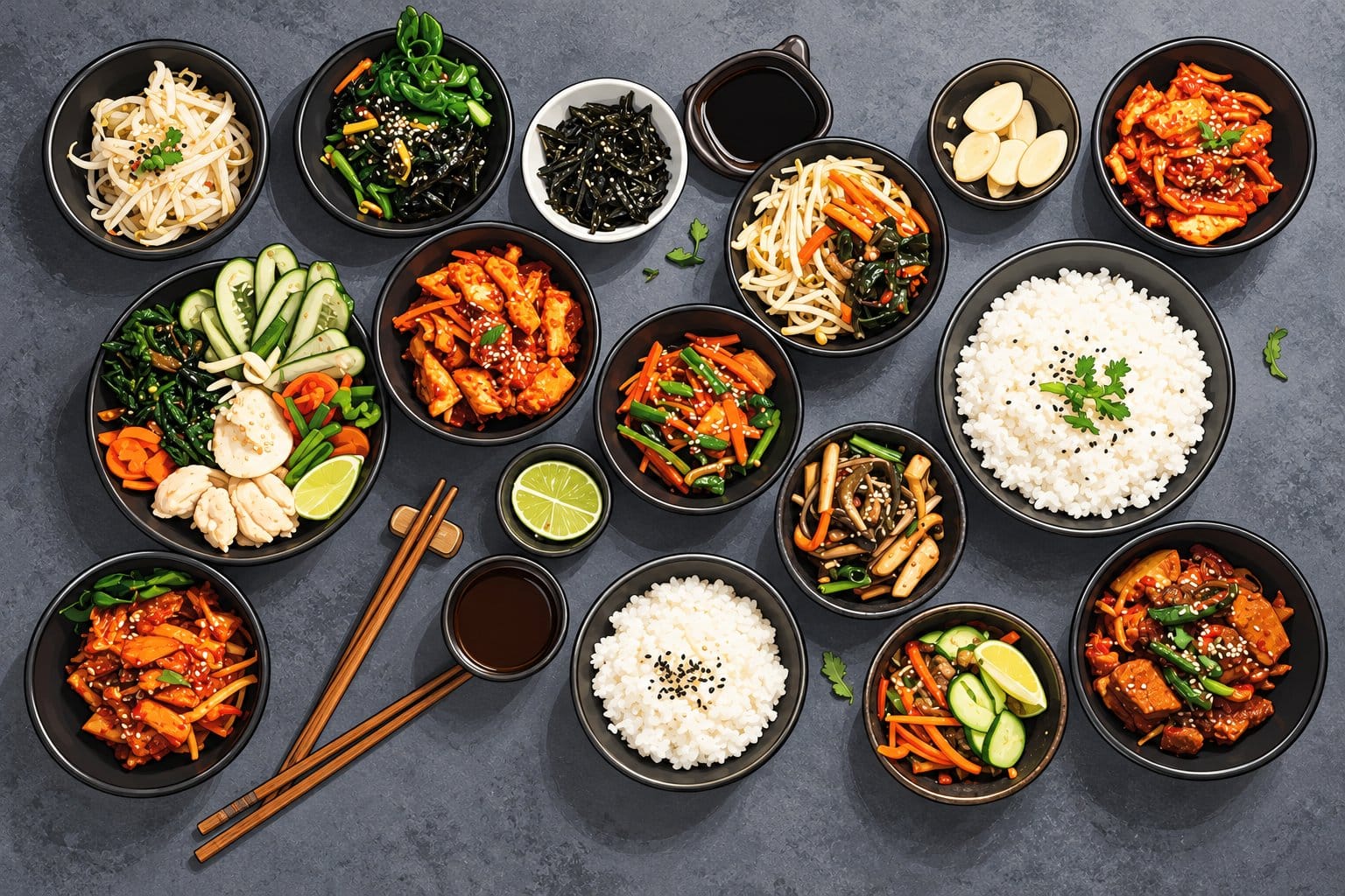 Overhead spread of Korean restaurant dishes