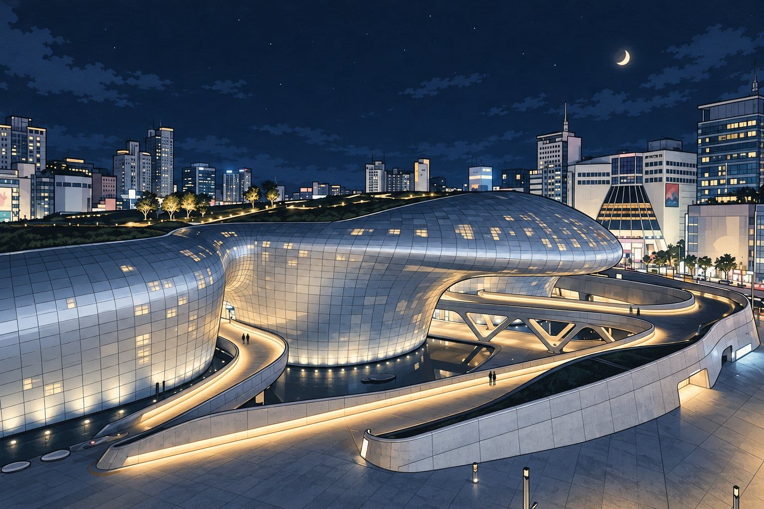 DDP curved silver neo-futuristic building exterior