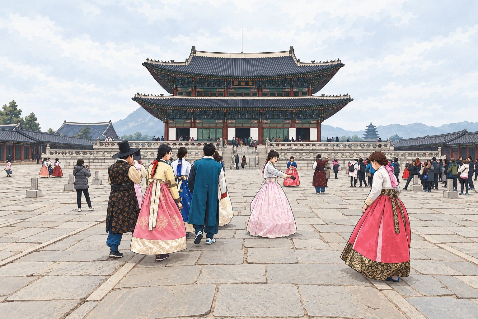 Visitors wearing hanbok