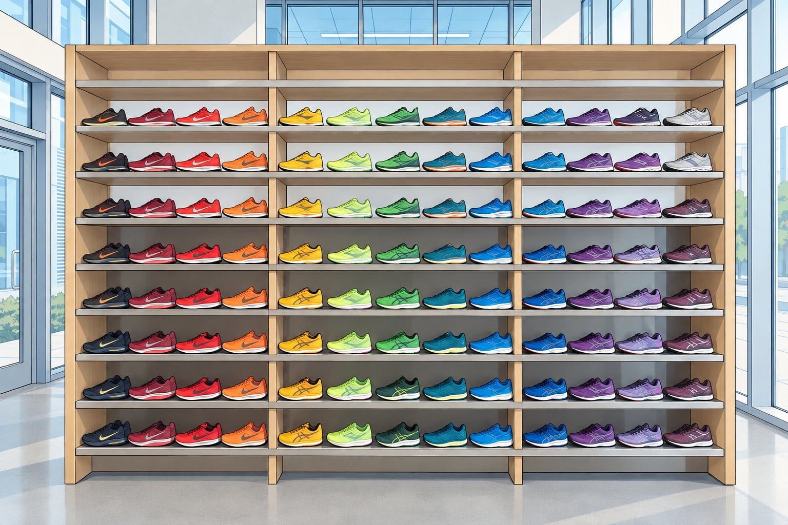 Running shoes and apparel display shelves