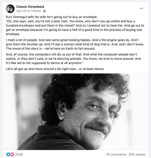 Screenshot of a Facebook post about Kurt Vonnegut purchasing an envelope