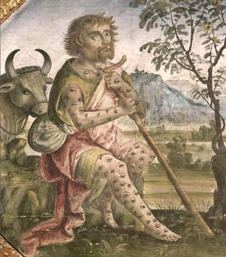 Argus Panoptes, a giant from Greek mythology and servant to Hera. He had eyes covering his entire body, so that one was always open.: trypophobia