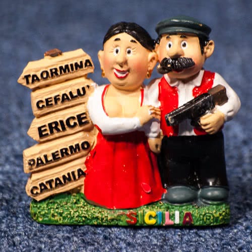 Resin Fridge Magnet: Italy. Sicily. Mafia Family and Road Sign