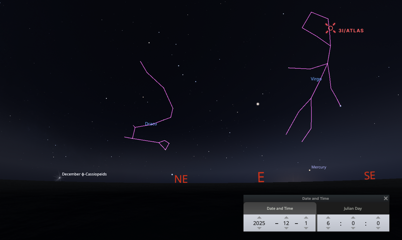 View of the constellation Draco on Dec 1, 2025, standing at the feet of the woman Virgo and 3I/ATLAS, with the December phi-Cassiopeids meteor shower setting on the horizon.