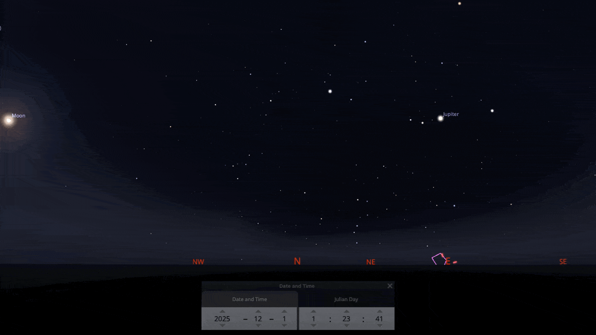 Animation on Dec 1, 2025 of the constellation Virgo rising in the east with 3I/ATLAS, while the moon sets in the west