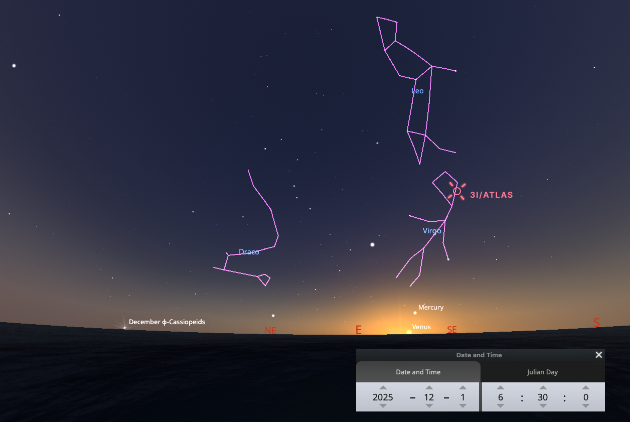 The scene of Revelation 12 displayed on Dec 1, 2025 with 3I/ATLAS by the constellations Virgo, Draco, and Leo, and the phi-Cassiopeids meteor shower.