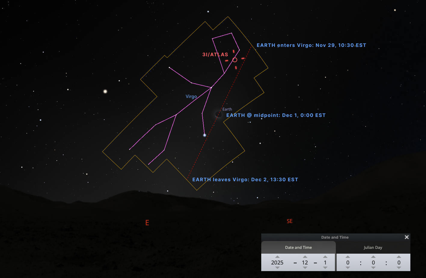 View from the surface of the moon on December 1, 2025, with Earth transiting the constellation Virgo. (God's Big Bang)