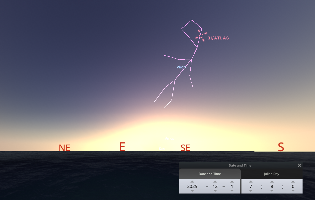 3I/ATLAS and the constellation Virgo 'clothed with the sun' at sunrise on December 1, 2025