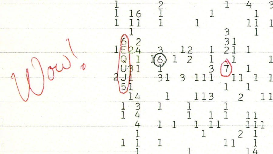 Image of the 6EQUJ5 signal circled in red ink on the original printout of the Wow! signal.