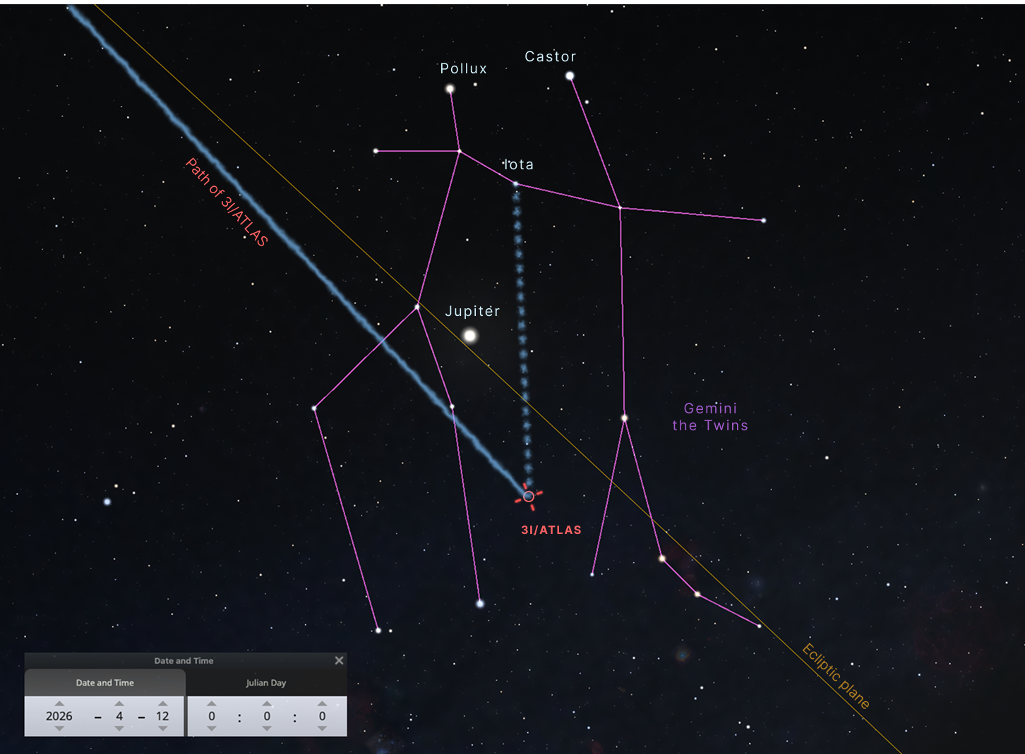The angel 3I/ATLAS, shown in the constellation Gemini on Divine Mercy Sunday, changing direction toward the star Iota, where it will arrive eight days later.