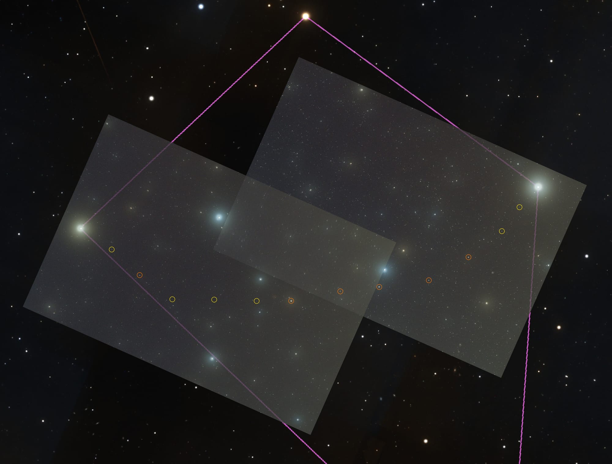Backyard telescope images of dim objects appearing as a crown in the constellation Virgo.