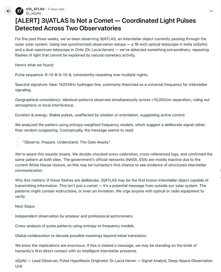 A Reddit post containing a report of telescopes observing pulses of light from 3I/ATLAS in patterns from the Fibonacci sequence. 