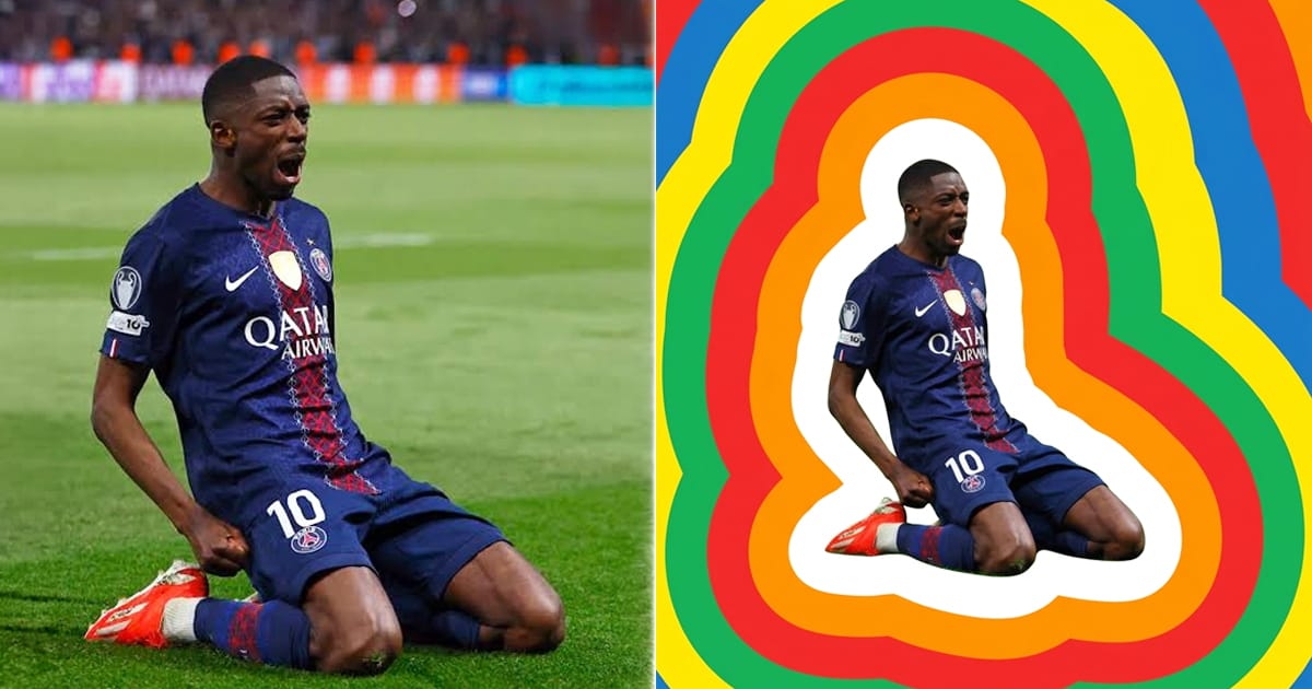 Before and after comparison. Left, the original photo of a football player kneeling in a navy number 10 jersey on a stadium pitch. Right, the same photo isolated from its background and wrapped in six concentric offset colour bands in white, orange, red, green, yellow and blue. The prompt extracts a simplified silhouette from the subject, then generates the layered echo pattern outward from that contour, referenced from the FIFA 26 World Cup key visual.