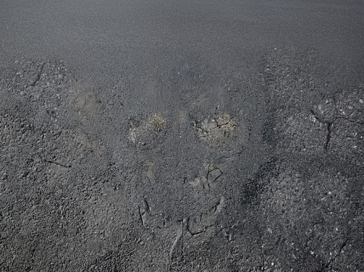 Clean plate of dry asphalt with faint paw print impressions, first frame for AI skull reveal by STIRMIND