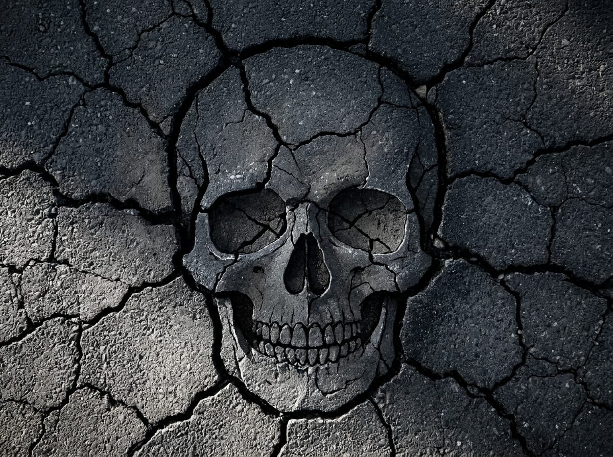 Skull silhouette formed by cracks in dry asphalt, AI generated reveal effect by STIRMIND