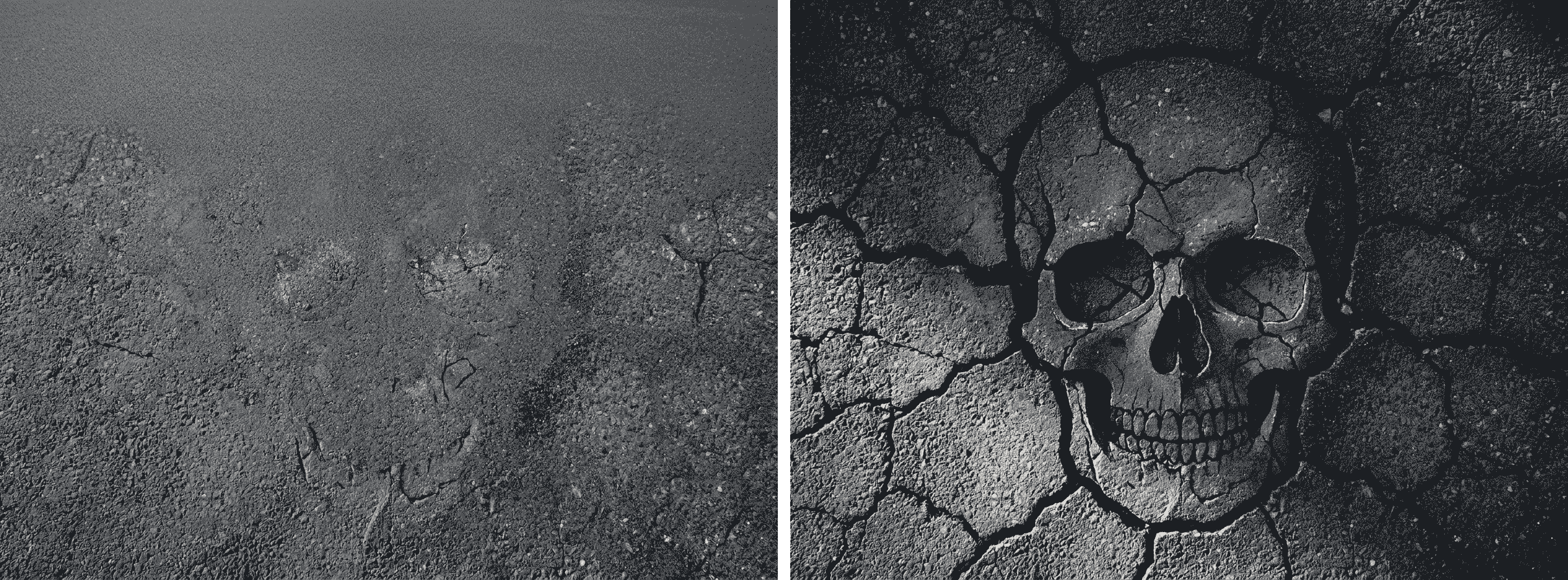 First and last frame comparison of the AI generated cracked skull reveal on asphalt by STIRMIND