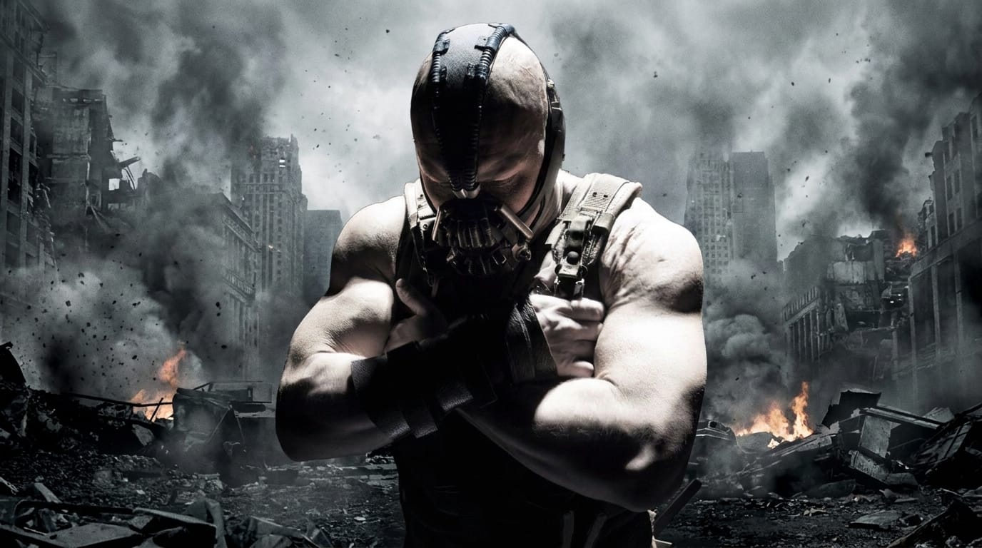 GenAI workflows first frame reference, a masked enforcer with arms crossed in a burning ruined city