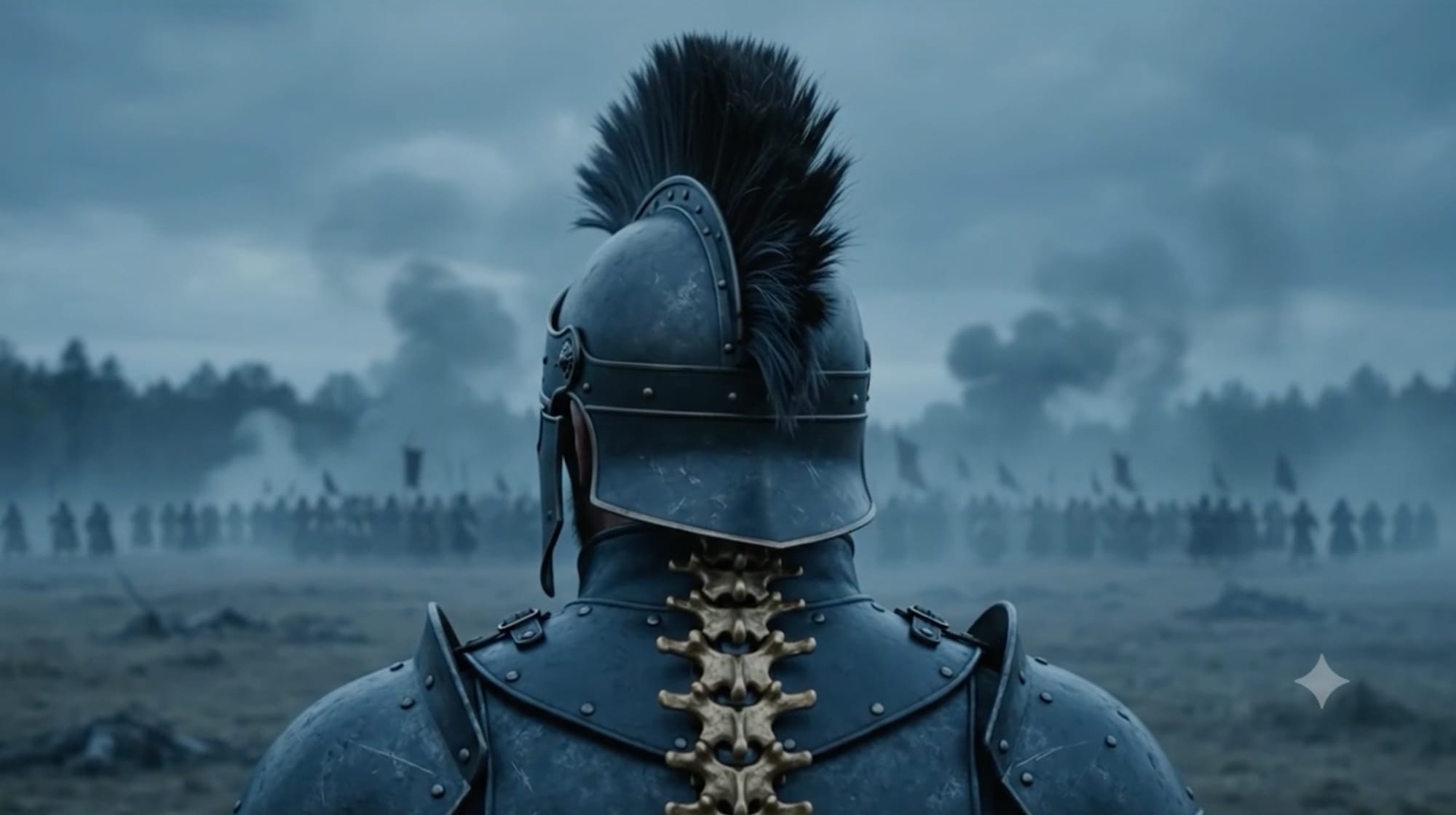 GenAI workflows last frame reference, a Greek hero in blue armor with a golden spine on a misty battlefield