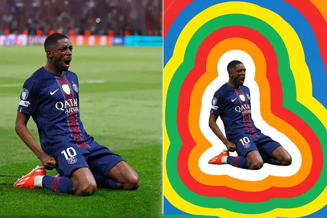 Before and after of a football player photo wrapped in six concentric colour bands, the FIFA 26 layered echo pattern rebuilt with AI.