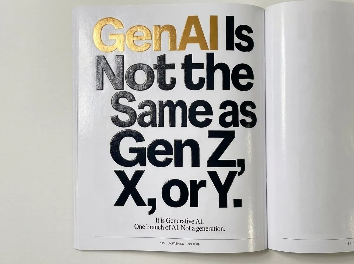 UK fashion magazine spread with an oversized headline stating GenAI is not the same as Gen Z, X, or Y, clarifying GenAI is Generative AI, not a generation.