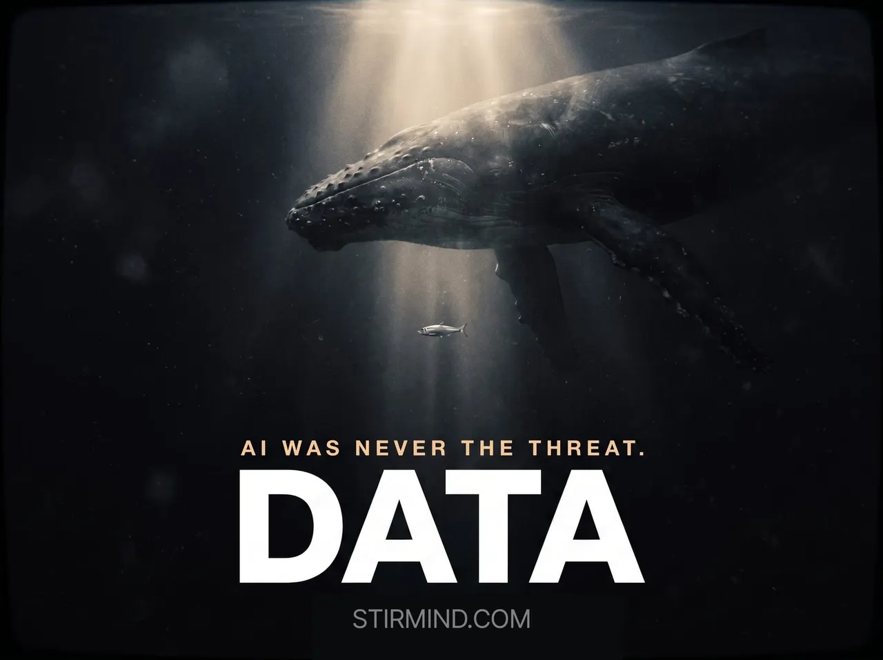 Cinematic underwater poster showing a small fish beneath a vast whale in dark water, with the words AI Was Never The Threat above the title DATA