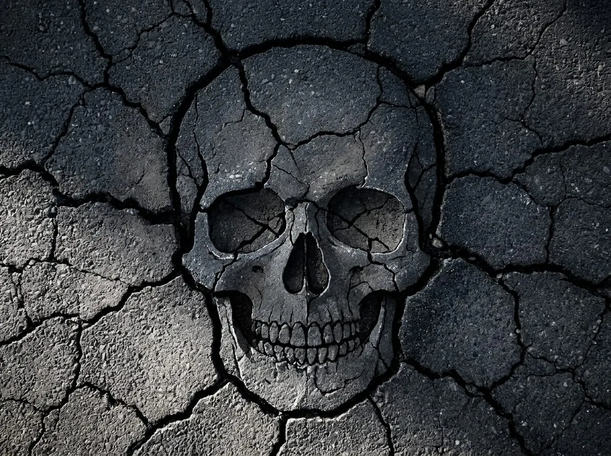 Skull silhouette formed by cracks in dry asphalt, AI generated reveal effect by STIRMIND
