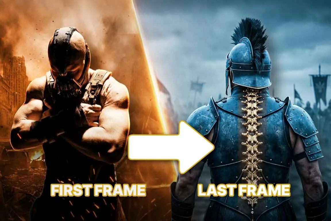 GenAI workflows first frame and last frame comparison showing a masked enforcer in a burning city transforming into a Greek hero in blue armor with a golden spine