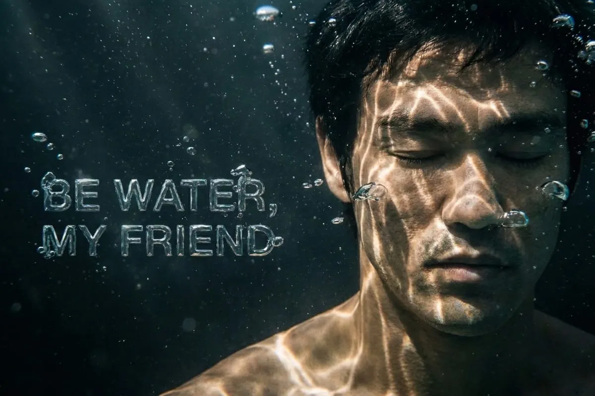 Underwater portrait of a man with eyes closed and caustic light across his face, the words be water my friend formed from rising bubbles beside him, from a STIRMIND GenAI workflows breakdown.