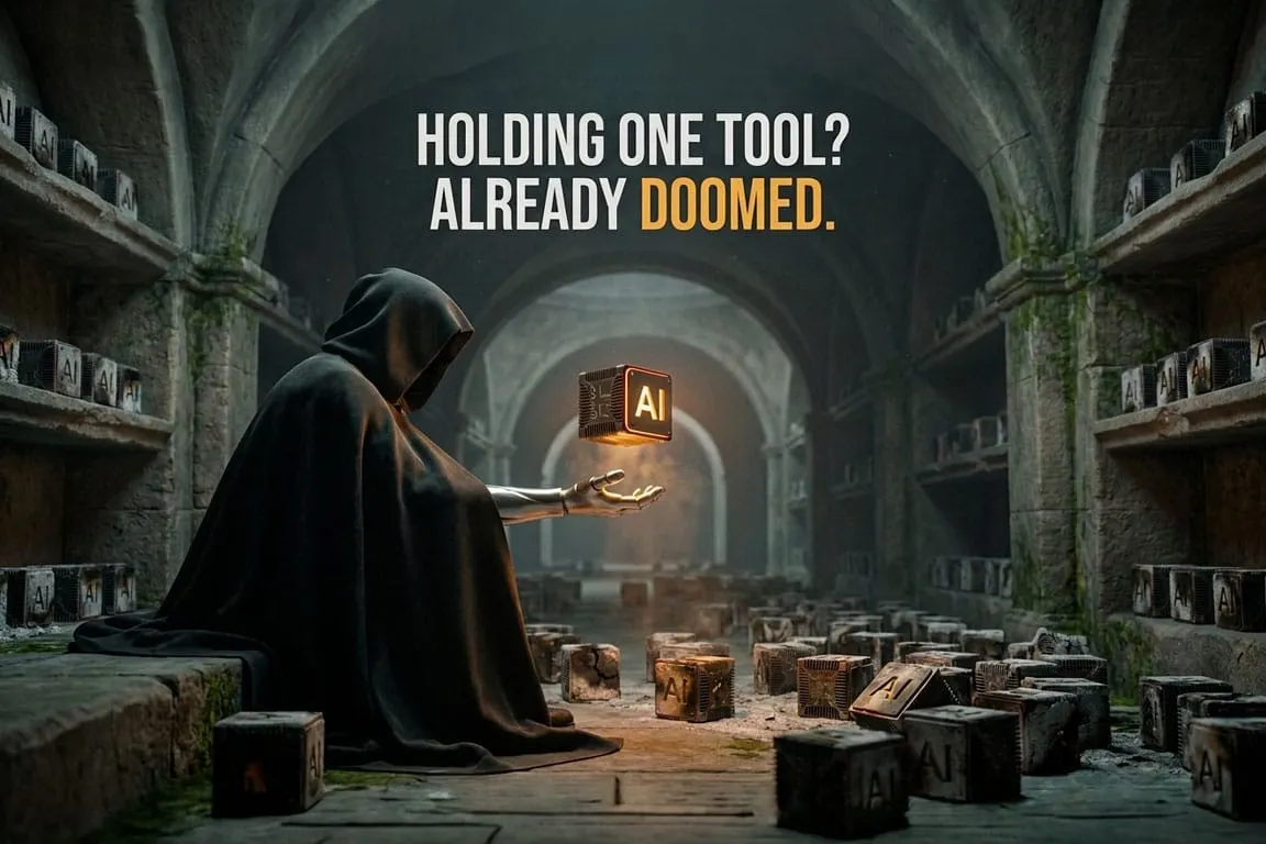 A hooded figure in a dark catacomb holds one glowing AI compute cube while dozens of dead, burned-out AI cubes lie scattered around, illustrating the risk of betting on a single GenAI tool.