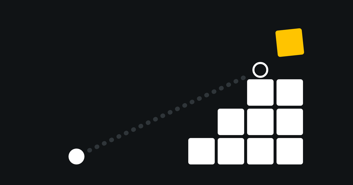 A white ball sits at the foot of a staircase of white blocks. A straight dotted line runs from the ball to a hollow ring on the top step, with a tilted yellow block waiting above.